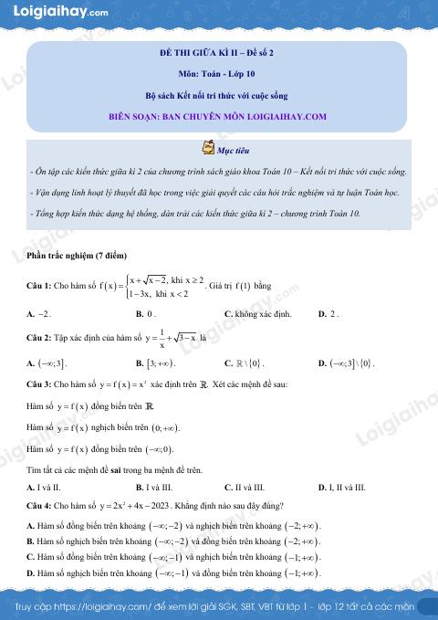 Đề thi giữa kì 2 Toán 10 Kết nối tri thức - Đề số 2